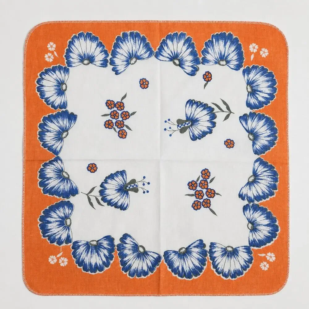 Vintage Mod Floral Cloth Napkins | Set of 4 MCM Orange and Cobalt Blue 1960s/70s